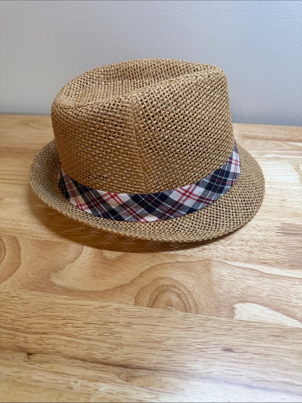 Saddlebred Tan Straw Fedora with Plaid Band NWT